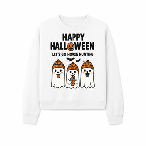 Happy Halloween Ghosts Design T-Shirt | Let's Go House Hunting | Cute Halloween Apparel for Kids & Adults | Spooky Season Fun - Sweatshirt 1758332992229.jpg