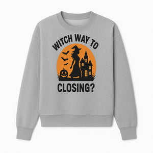 Halloween Sign - Witch Way to Closing? - Spooky Decor with Witch, Bats, Pumpkin, Haunted House - Fall Party Decorations - Sweatshirt 1758332995328.jpg