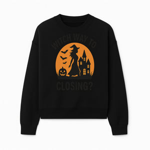 Halloween Sign - Witch Way to Closing? - Spooky Decor with Witch, Bats, Pumpkin, Haunted House - Fall Party Decorations - Sweatshirt 1758332995473.jpg