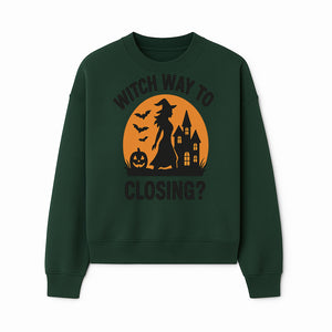 Halloween Sign - Witch Way to Closing? - Spooky Decor with Witch, Bats, Pumpkin, Haunted House - Fall Party Decorations - Sweatshirt 1758332995799.jpg