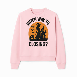 Halloween Sign - Witch Way to Closing? - Spooky Decor with Witch, Bats, Pumpkin, Haunted House - Fall Party Decorations - Sweatshirt 1758332996245.jpg