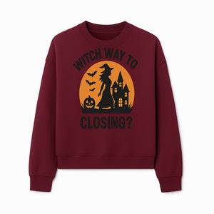 Halloween Sign - Witch Way to Closing? - Spooky Decor with Witch, Bats, Pumpkin, Haunted House - Fall Party Decorations - Sweatshirt 1758332996386.jpg