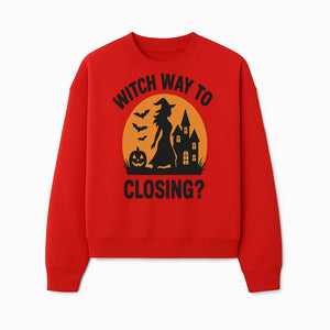 Halloween Sign - Witch Way to Closing? - Spooky Decor with Witch, Bats, Pumpkin, Haunted House - Fall Party Decorations - Sweatshirt 1758332996693.jpg
