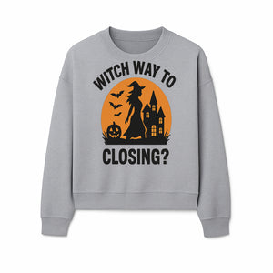 Halloween Sign - Witch Way to Closing? - Spooky Decor with Witch, Bats, Pumpkin, Haunted House - Fall Party Decorations - Sweatshirt 1758332996828.jpg