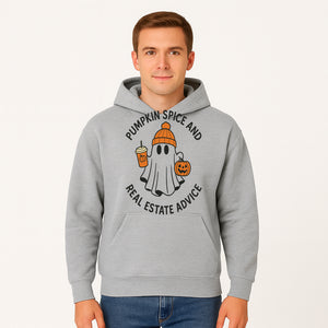 Pumpkin Spice and Real Estate Advice Ghost Halloween Design T-Shirt or Mug, Cute Fall Apparel and Gifts for Realtors - Hoodie 1758332996991.jpg