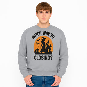 Halloween Sign - Witch Way to Closing? - Spooky Decor with Witch, Bats, Pumpkin, Haunted House - Fall Party Decorations - Sweatshirt 1758332998096.jpg