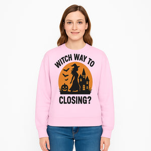 Halloween Sign - Witch Way to Closing? - Spooky Decor with Witch, Bats, Pumpkin, Haunted House - Fall Party Decorations - Sweatshirt 1758332998248.jpg