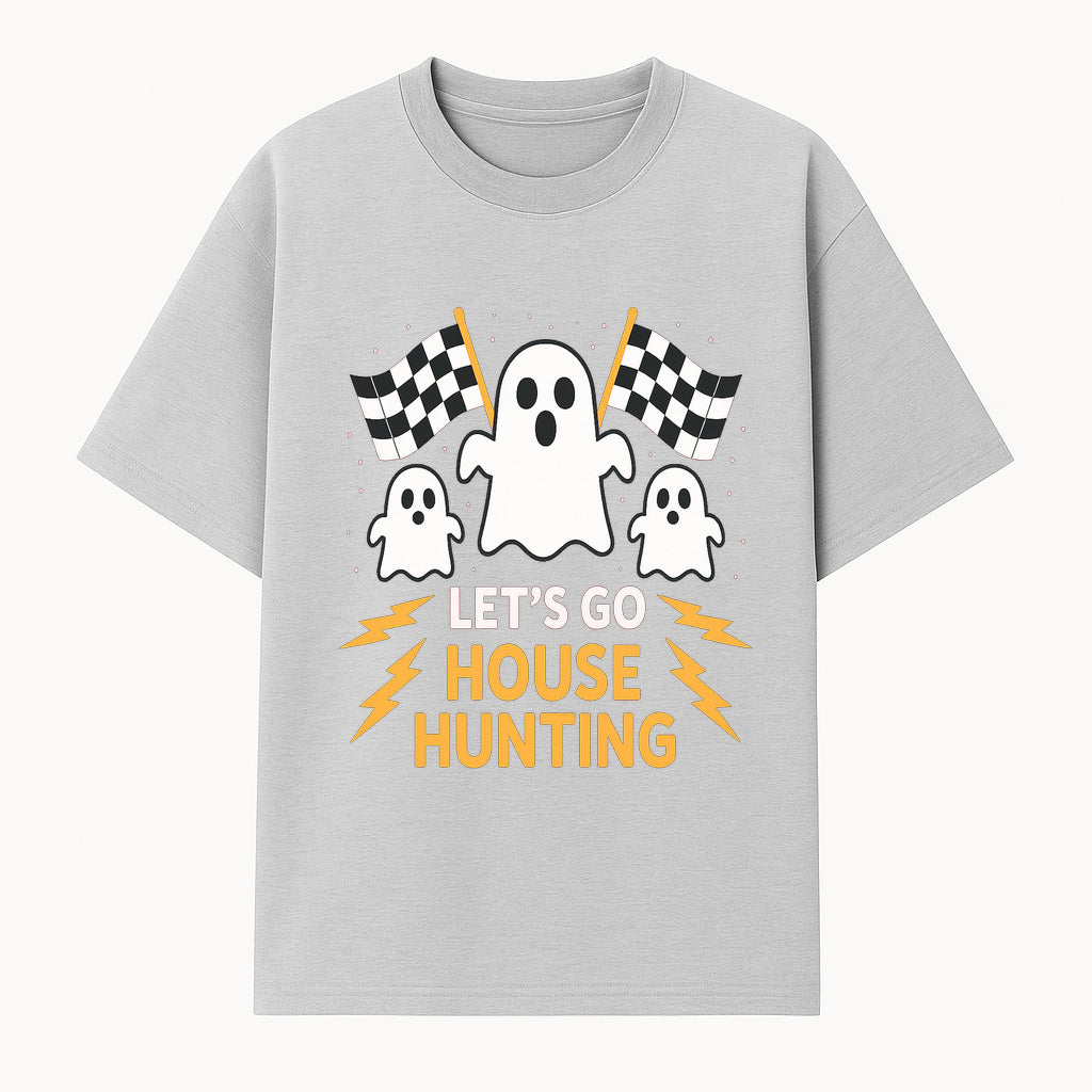 Let's Go House Hunting Ghosts T-Shirt | Fun Halloween Costume | Cute Ghost Design with Checkered Flags | Spooky Home Search Graphique - T-shirt 1758333014906.jpg