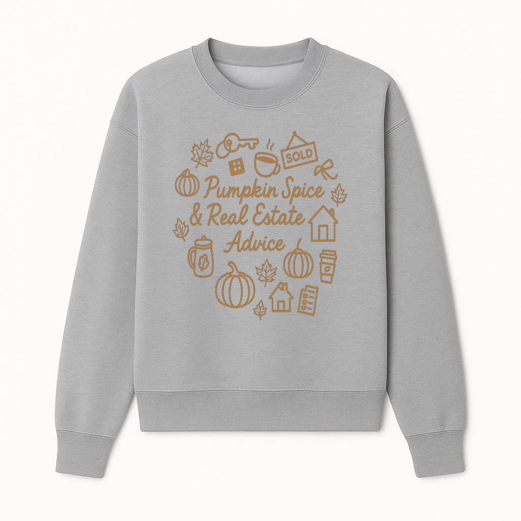Pumpkin Spice & Real Estate Advice Wall Art | Autumn Home Decor | Cozy Kitchen Print | Seasonal Home Buying Tips - Sweatshirt 1758333022326.jpg