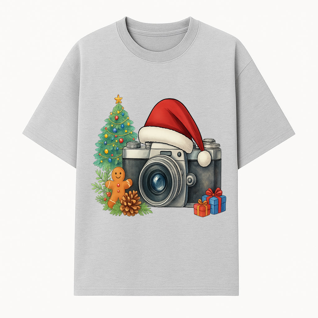Christmas Camera Art Print with Tree, Gingerbread, and Gifts - Holiday Photography Decor for Home or Office - T-shirt 1758335002158.jpg