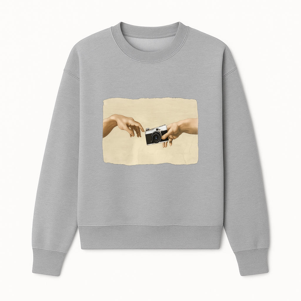 Artistic Print of Hands Reaching for Camera - Modern Interpretation of Creation - Perfect Wall Art for Photographers - Sweatshirt 1758335007525.jpg