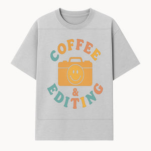 Coffee & Editing Graphic Tee - Fun Photography Lover Shirt, Cute Gift for Creatives, Smiley Camera Design, Casual Wear - T-shirt 1758335008203.jpg