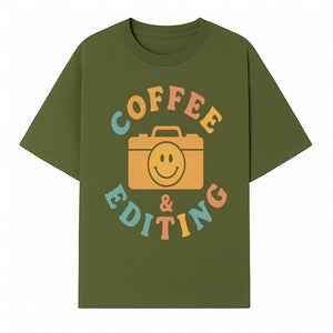 Coffee & Editing Graphic Tee - Fun Photography Lover Shirt, Cute Gift for Creatives, Smiley Camera Design, Casual Wear - T-shirt 1758335008676.jpg