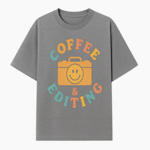 Coffee & Editing Graphic Tee - Fun Photography Lover Shirt, Cute Gift for Creatives, Smiley Camera Design, Casual Wear - T-shirt 1758335008846.jpg