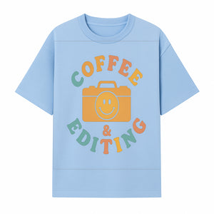 Coffee & Editing Graphic Tee - Fun Photography Lover Shirt, Cute Gift for Creatives, Smiley Camera Design, Casual Wear - T-shirt 1758335008977.jpg