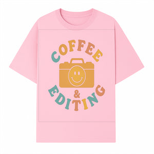 Coffee & Editing Graphic Tee - Fun Photography Lover Shirt, Cute Gift for Creatives, Smiley Camera Design, Casual Wear - T-shirt 1758335009138.jpg