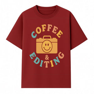 Coffee & Editing Graphic Tee - Fun Photography Lover Shirt, Cute Gift for Creatives, Smiley Camera Design, Casual Wear - T-shirt 1758335009301.jpg