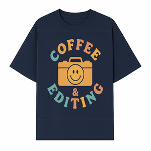 Coffee & Editing Graphic Tee - Fun Photography Lover Shirt, Cute Gift for Creatives, Smiley Camera Design, Casual Wear - T-shirt 1758335009432.jpg