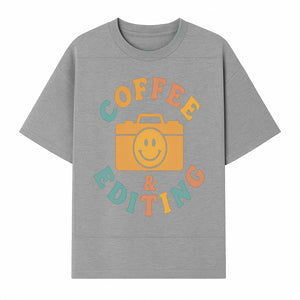Coffee & Editing Graphic Tee - Fun Photography Lover Shirt, Cute Gift for Creatives, Smiley Camera Design, Casual Wear - T-shirt 1758335009703.jpg