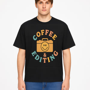 Coffee & Editing Graphic Tee - Fun Photography Lover Shirt, Cute Gift for Creatives, Smiley Camera Design, Casual Wear - T-shirt 1758335011033.jpg