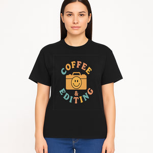 Coffee & Editing Graphic Tee - Fun Photography Lover Shirt, Cute Gift for Creatives, Smiley Camera Design, Casual Wear - T-shirt 1758335011179.jpg