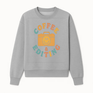 Coffee & Editing Graphic Tee - Fun Photography Lover Shirt, Cute Gift for Creatives, Smiley Camera Design, Casual Wear - Sweatshirt 1758335011332.jpg