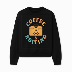 Coffee & Editing Graphic Tee - Fun Photography Lover Shirt, Cute Gift for Creatives, Smiley Camera Design, Casual Wear - Sweatshirt 1758335011495.jpg