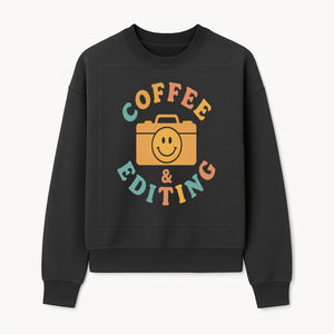 Coffee & Editing Graphic Tee - Fun Photography Lover Shirt, Cute Gift for Creatives, Smiley Camera Design, Casual Wear - Sweatshirt 1758335011653.jpg