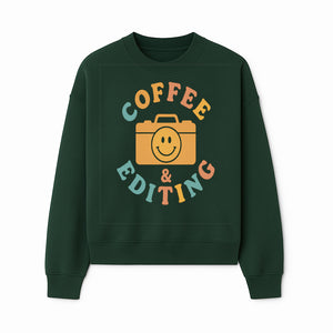 Coffee & Editing Graphic Tee - Fun Photography Lover Shirt, Cute Gift for Creatives, Smiley Camera Design, Casual Wear - Sweatshirt 1758335011803.jpg