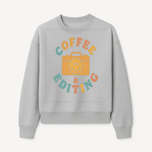 Coffee & Editing Graphic Tee - Fun Photography Lover Shirt, Cute Gift for Creatives, Smiley Camera Design, Casual Wear - Sweatshirt 1758335011964.jpg
