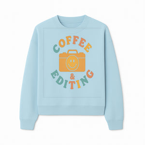 Coffee & Editing Graphic Tee - Fun Photography Lover Shirt, Cute Gift for Creatives, Smiley Camera Design, Casual Wear - Sweatshirt 1758335012123.jpg