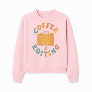 Coffee & Editing Graphic Tee - Fun Photography Lover Shirt, Cute Gift for Creatives, Smiley Camera Design, Casual Wear - Sweatshirt 1758335012255.jpg