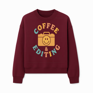 Coffee & Editing Graphic Tee - Fun Photography Lover Shirt, Cute Gift for Creatives, Smiley Camera Design, Casual Wear - Sweatshirt 1758335012412.jpg