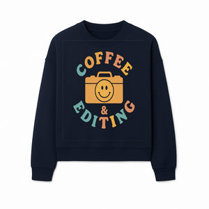 Coffee & Editing Graphic Tee - Fun Photography Lover Shirt, Cute Gift for Creatives, Smiley Camera Design, Casual Wear - Sweatshirt 1758335012575.jpg