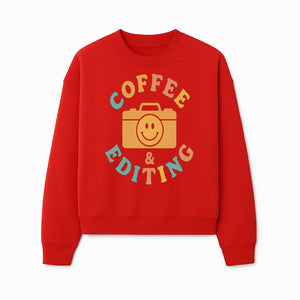 Coffee & Editing Graphic Tee - Fun Photography Lover Shirt, Cute Gift for Creatives, Smiley Camera Design, Casual Wear - Sweatshirt 1758335012718.jpg
