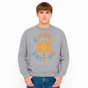 Coffee & Editing Graphic Tee - Fun Photography Lover Shirt, Cute Gift for Creatives, Smiley Camera Design, Casual Wear - Sweatshirt 1758335014195.jpg