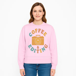 Coffee & Editing Graphic Tee - Fun Photography Lover Shirt, Cute Gift for Creatives, Smiley Camera Design, Casual Wear - Sweatshirt 1758335014328.jpg