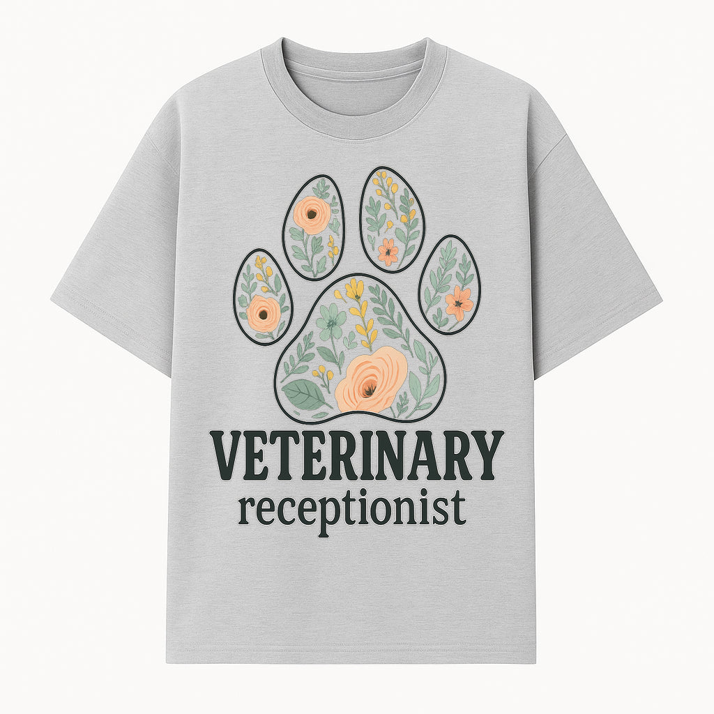 Floral Paw Print Veterinary Receptionist Sign | Pet Care Office Decor | Animal Hospital Reception Wall Art - T-shirt 1758347417820.jpg