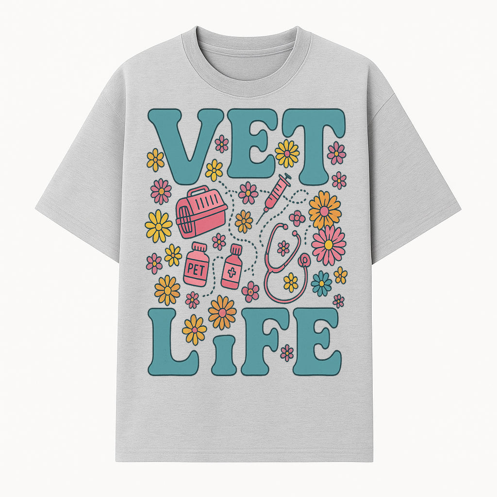 Vet Life Graphic Tee | Colorful Vet Inspired T-Shirt with Pet Icons and Flowers | Perfect Gift for Animal Lovers and Vets - T-shirt 1758347423603.jpg