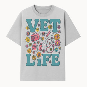 Vet Life Graphic Tee | Colorful Vet Inspired T-Shirt with Pet Icons and Flowers | Perfect Gift for Animal Lovers and Vets - T-shirt 1758347423603.jpg
