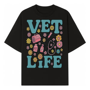 Vet Life Graphic Tee | Colorful Vet Inspired T-Shirt with Pet Icons and Flowers | Perfect Gift for Animal Lovers and Vets - T-shirt 1758347423756.jpg