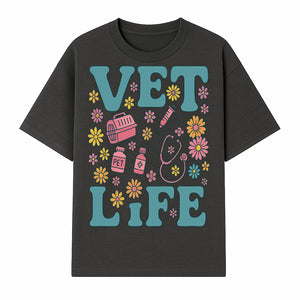 Vet Life Graphic Tee | Colorful Vet Inspired T-Shirt with Pet Icons and Flowers | Perfect Gift for Animal Lovers and Vets - T-shirt 1758347423884.jpg