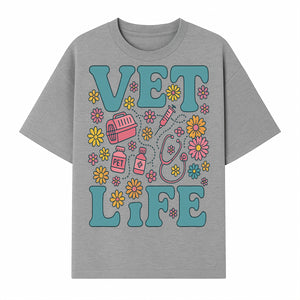 Vet Life Graphic Tee | Colorful Vet Inspired T-Shirt with Pet Icons and Flowers | Perfect Gift for Animal Lovers and Vets - T-shirt 1758347425019.jpg