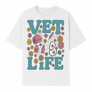 Vet Life Graphic Tee | Colorful Vet Inspired T-Shirt with Pet Icons and Flowers | Perfect Gift for Animal Lovers and Vets - T-shirt 1758347425135.jpg