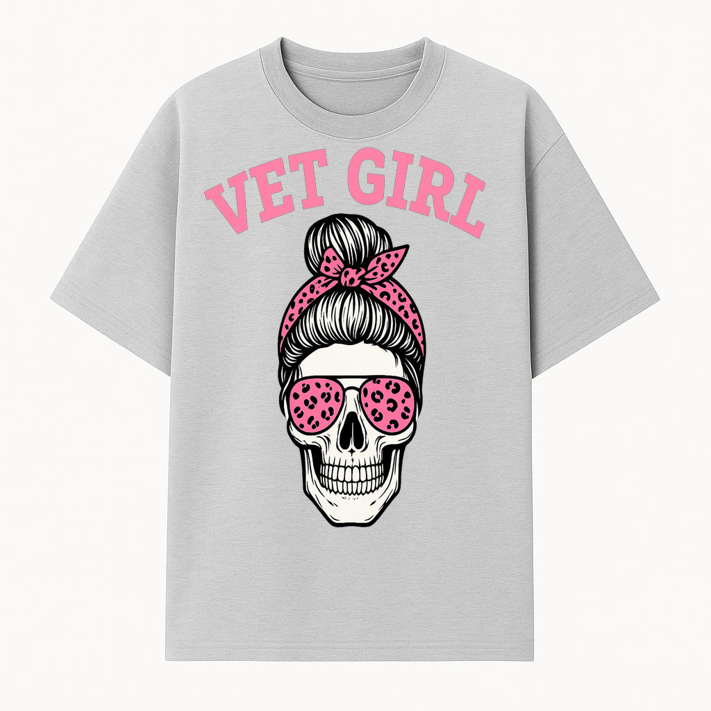 Vet Girl Skull Graphic Tee - Trendy Pink Leopard Sunglasses & Bandana Design for Animal Lovers - T-shirt 1758347425618.jpg