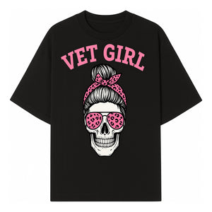 Vet Girl Skull Graphic Tee - Trendy Pink Leopard Sunglasses & Bandana Design for Animal Lovers - T-shirt 1758347425764.jpg