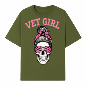 Vet Girl Skull Graphic Tee - Trendy Pink Leopard Sunglasses & Bandana Design for Animal Lovers - T-shirt 1758347426054.jpg