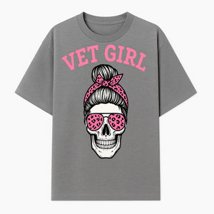 Vet Girl Skull Graphic Tee - Trendy Pink Leopard Sunglasses & Bandana Design for Animal Lovers - T-shirt 1758347426172.jpg