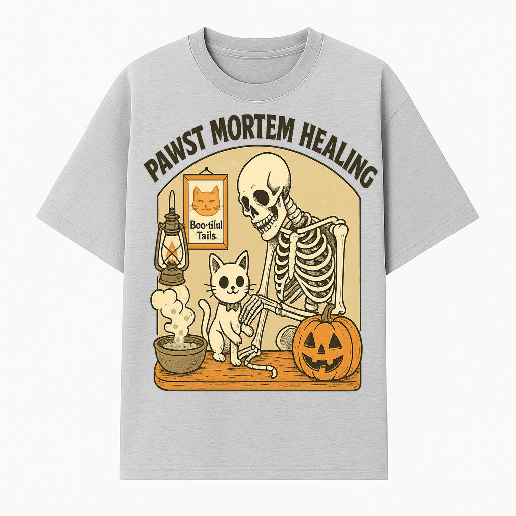 Pawst Mortem Healing Halloween Art Print - Skeleton, Cat, Pumpkin, Vintage Style Decor for Pet Lovers and Spooky Aesthetic - T-shirt 1758347426205.jpg