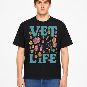 Vet Life Graphic Tee | Colorful Vet Inspired T-Shirt with Pet Icons and Flowers | Perfect Gift for Animal Lovers and Vets - T-shirt 1758347426277.jpg